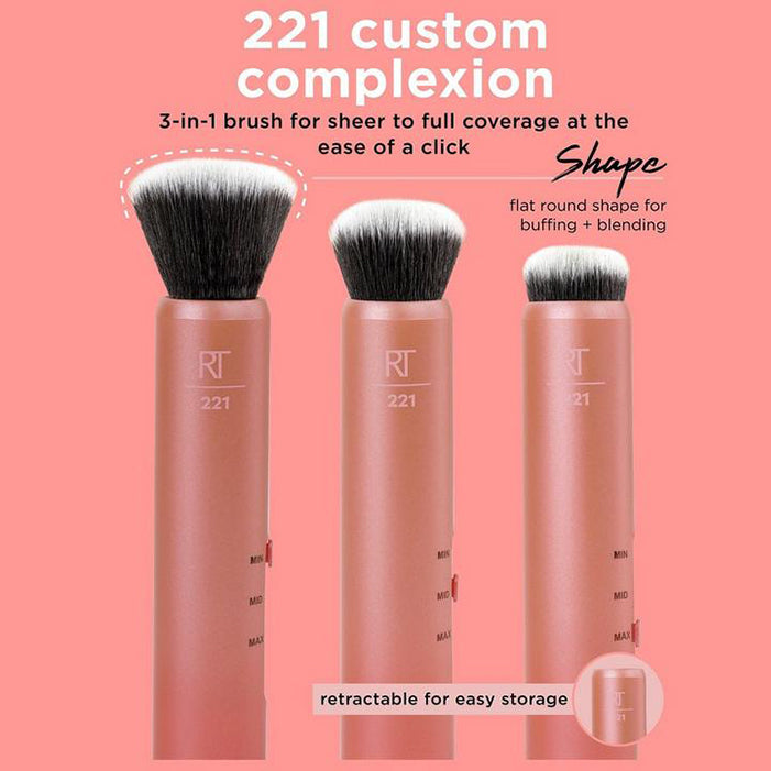 Real Techniques Custom Complexion Foundation 3-in-1 Brush, Custom Slide For Foundation and Concealer, 3 Settings For Sheer, Medium, or Focused Application, Travel Friendly, For On-The-Go, 1 Count